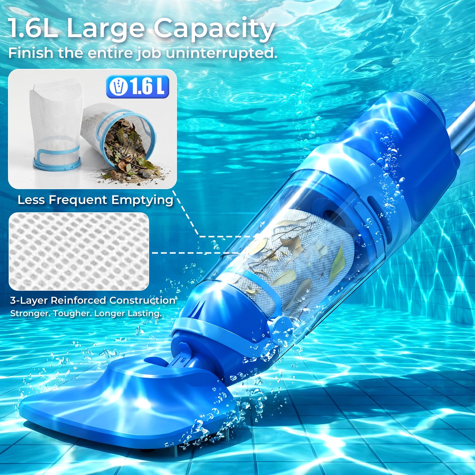 Swolace Cordless Pool Vacuum adjustable pole extended