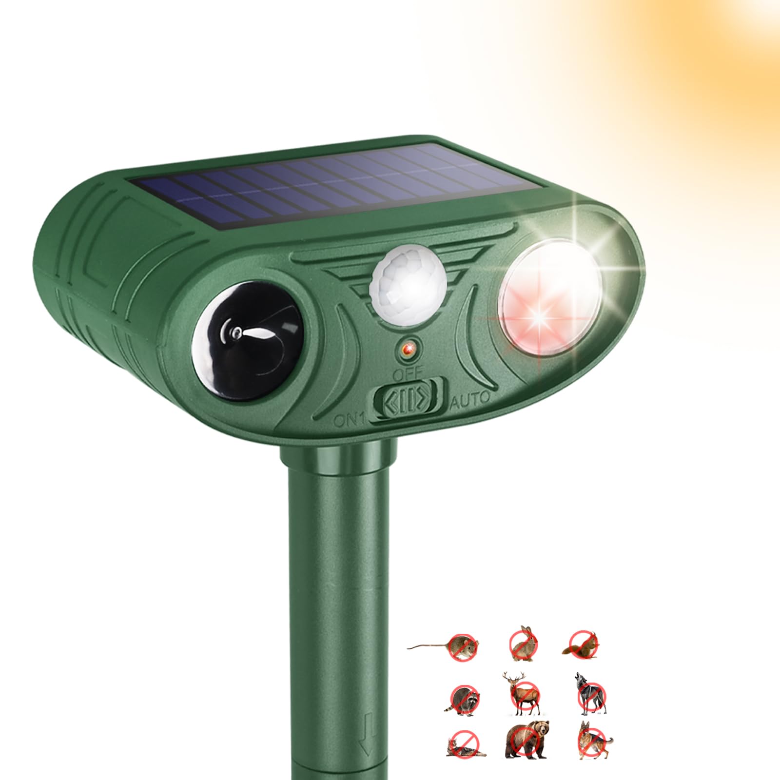 Sxaze Solar Ultrasonic Animal Repellent front view with motion sensor