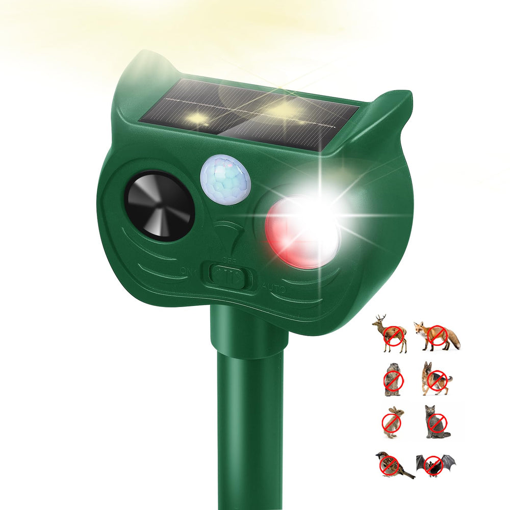 Sxaze Solar Ultrasonic Animal Repellent front view with solar panel