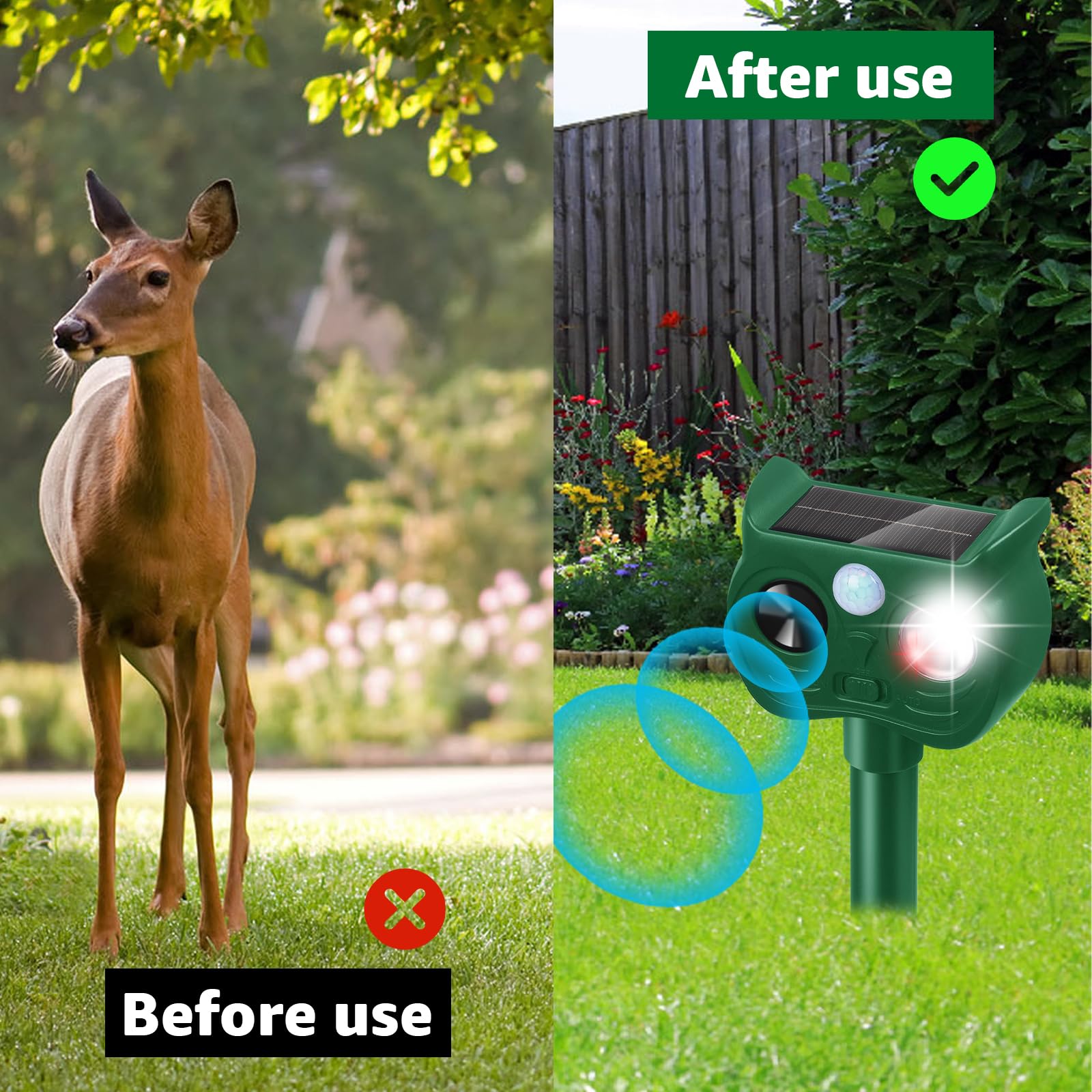 Sxaze Solar Ultrasonic Animal Repellent installed near plants
