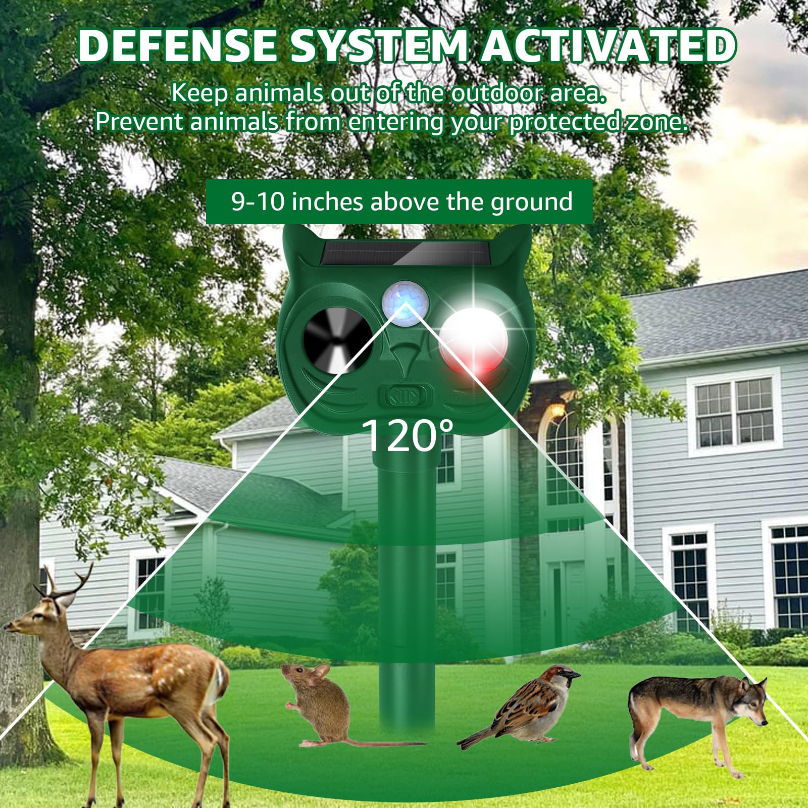 Sxaze Solar Ultrasonic Animal Repellent showing waterproof design