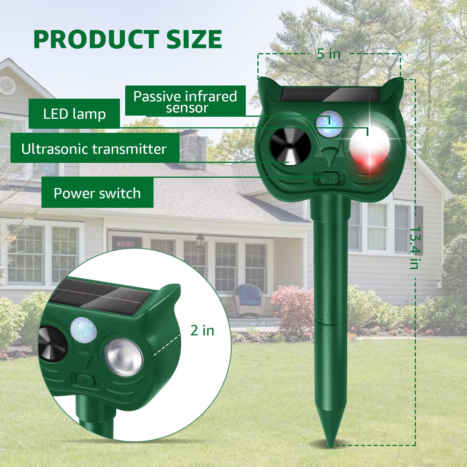 Sxaze Solar Ultrasonic Animal Repellent side view showing motion sensor