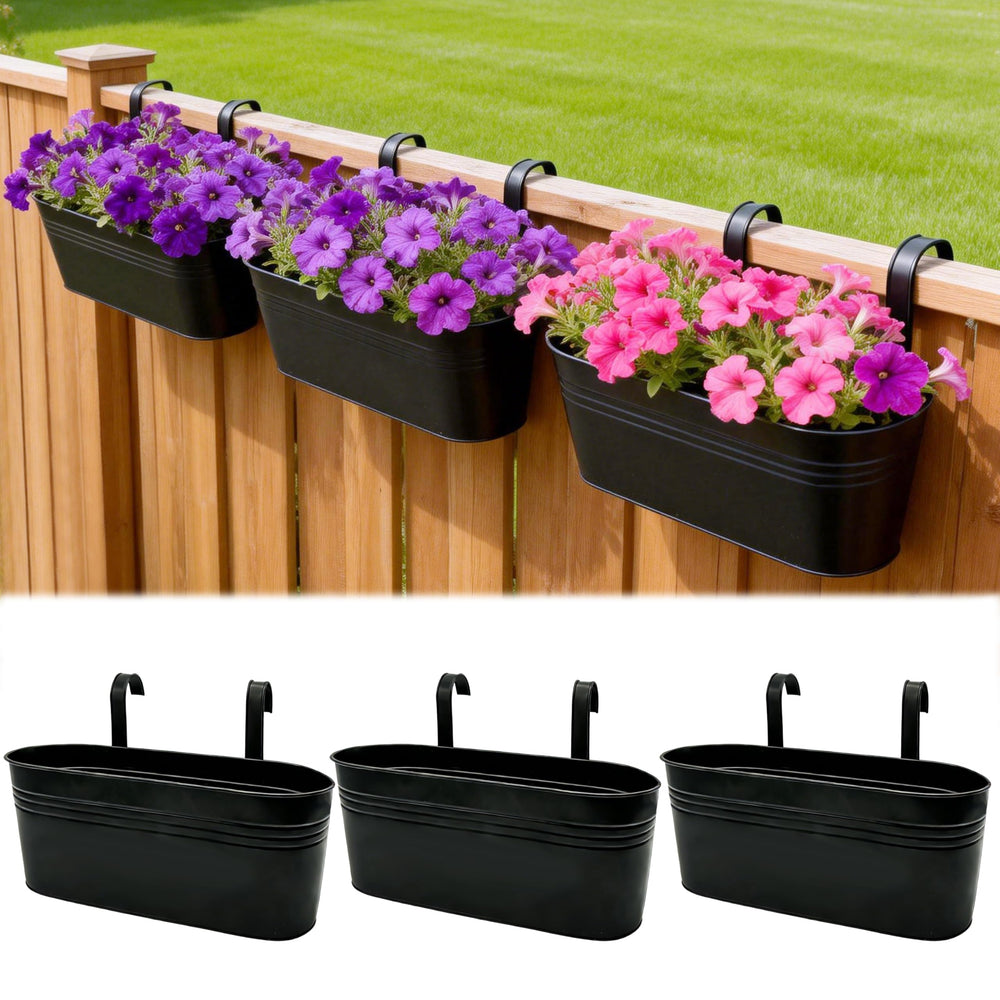 SYITCUN 16-inch metal railing planter box front view with detachable hooks