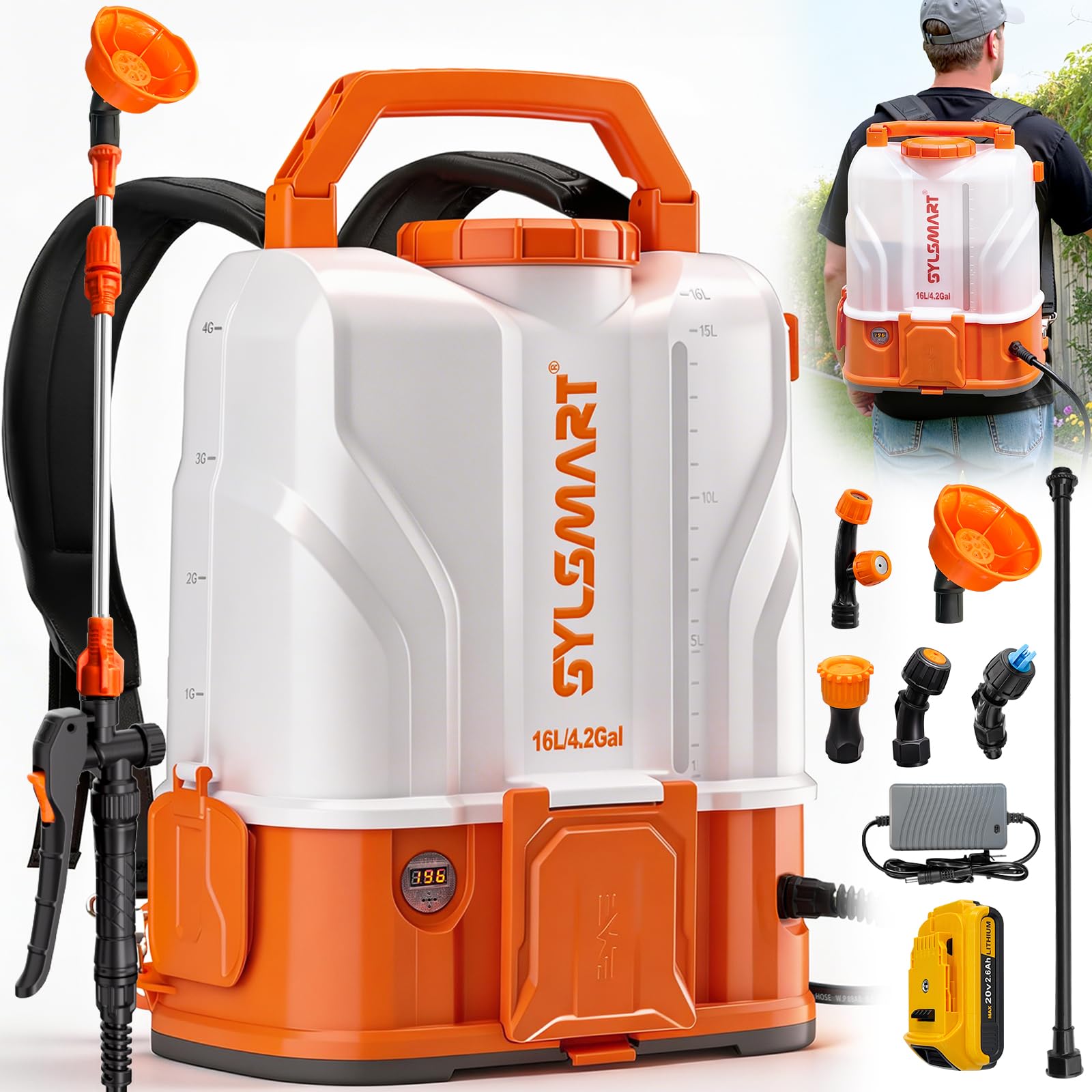 Sylsmart Battery Powered Backpack Sprayer front view with 4.2 gallon tank