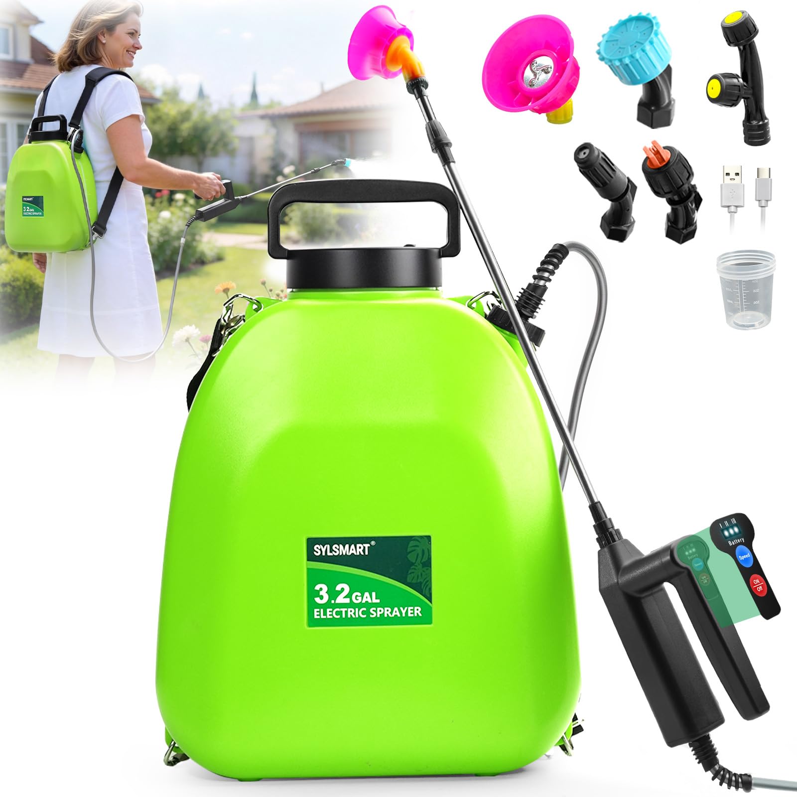 Sylsmart Battery Powered Backpack Sprayer front view with digital battery display
