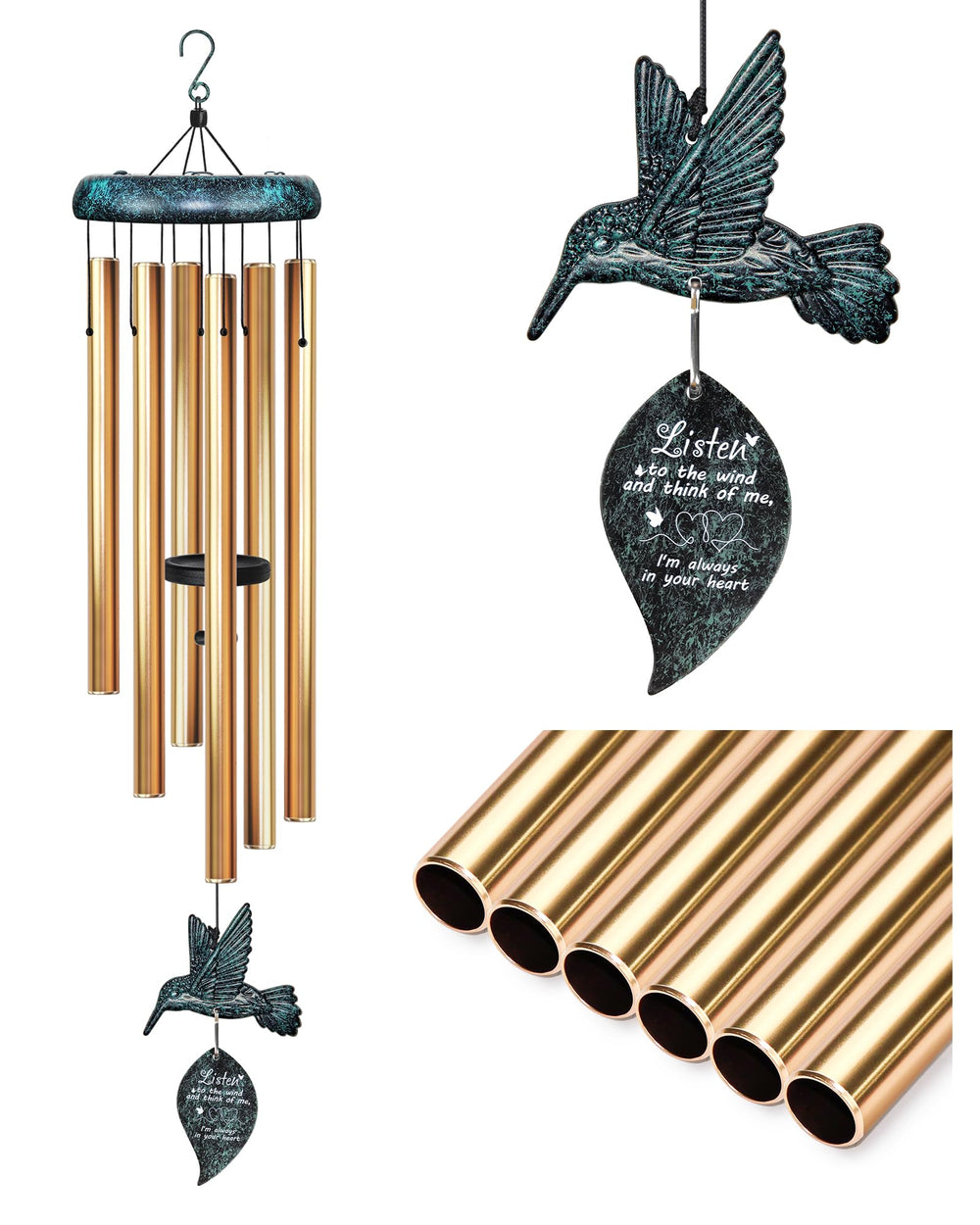 Synhonty Sympathy Wind Chimes green hummingbird design front view