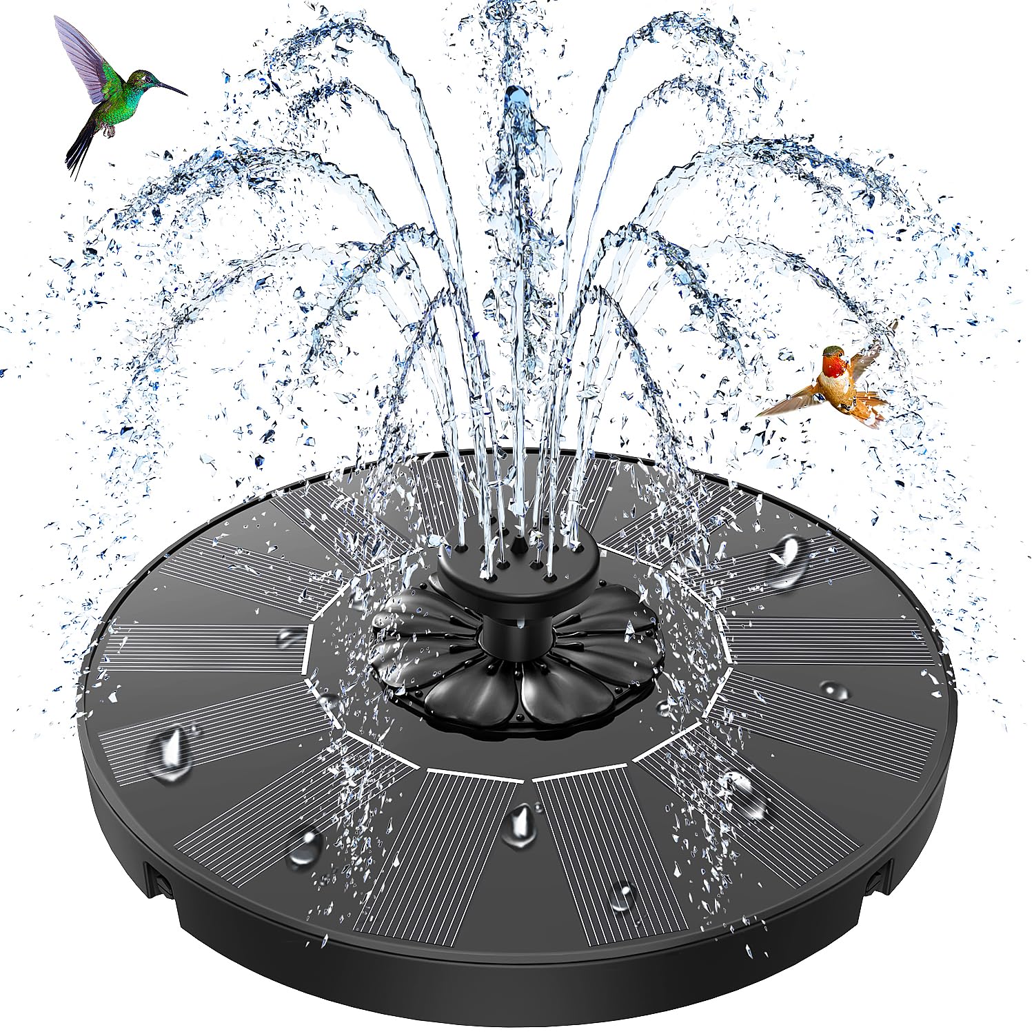 SZMP Solar Fountain black model with 7 nozzles in a garden