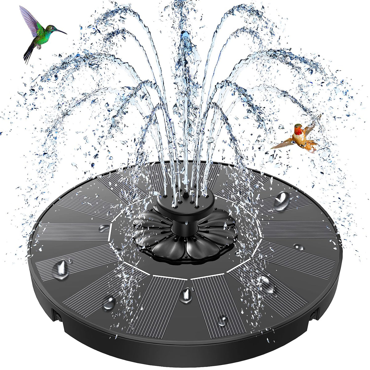 SZMP Solar Fountain black model with 7 nozzles in a garden