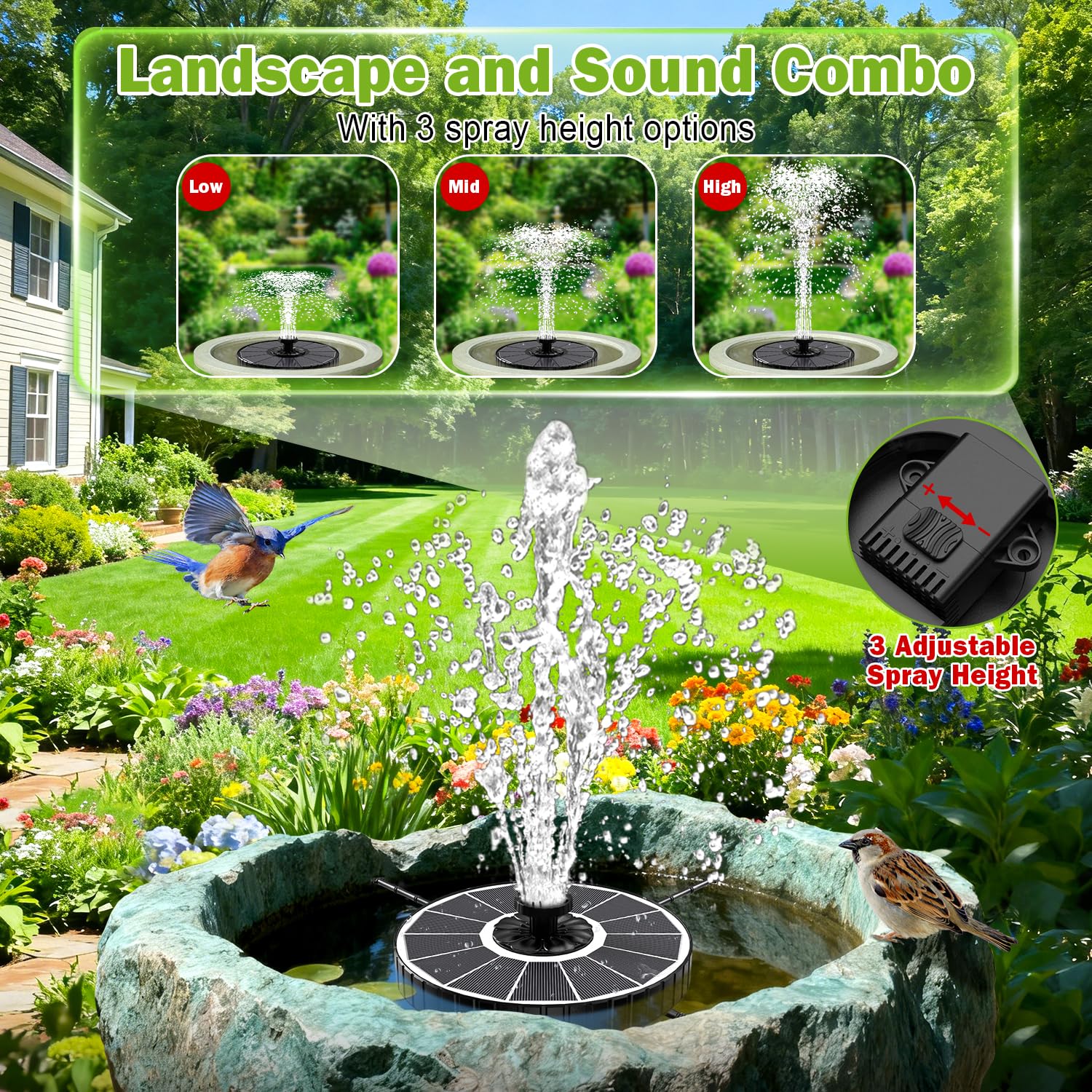 SZMP Solar Fountain showing 7 interchangeable nozzles