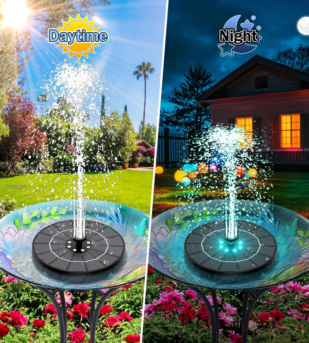 SZMP Solar Water Fountain at night with LED lights on