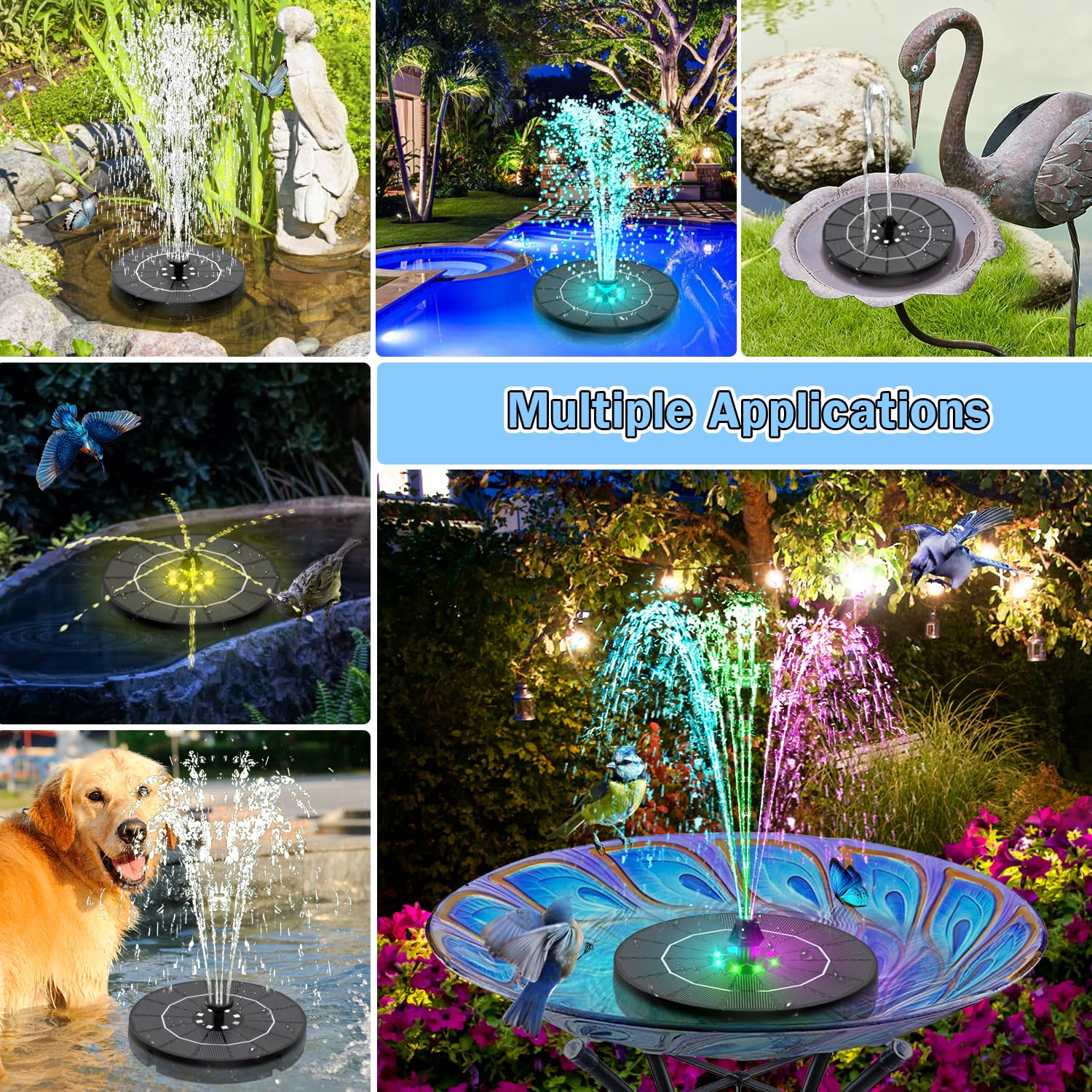 SZMP Solar Water Fountain showing water spray pattern