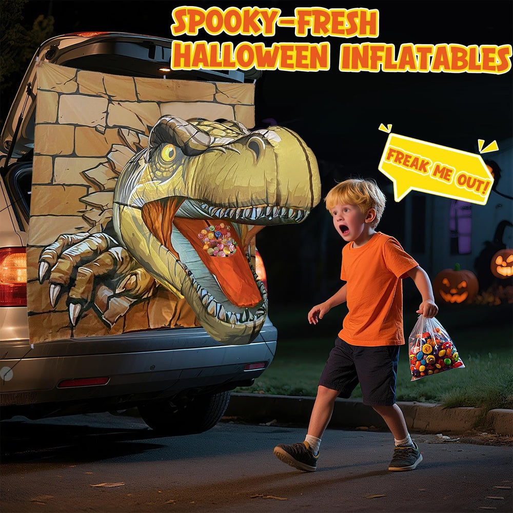 T-Rex inflatable decoration with LED lights at night