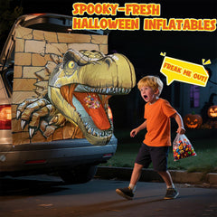 T-Rex inflatable decoration with LED lights at night