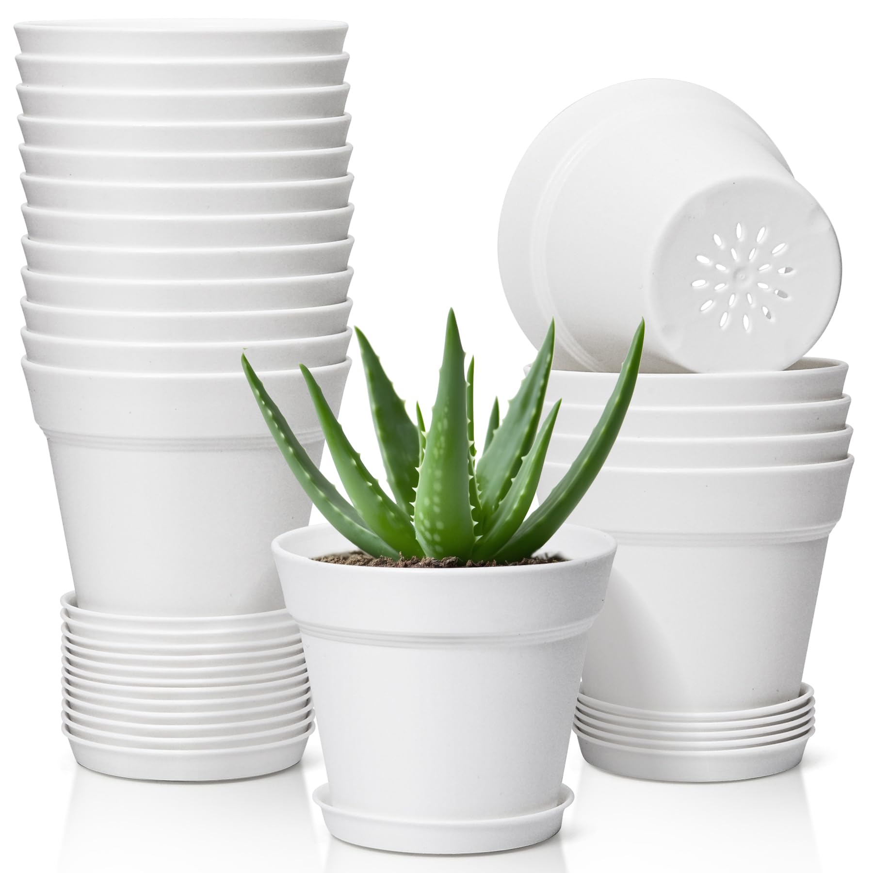 T4U 18-pack of 5 inch white plant pots with saucers