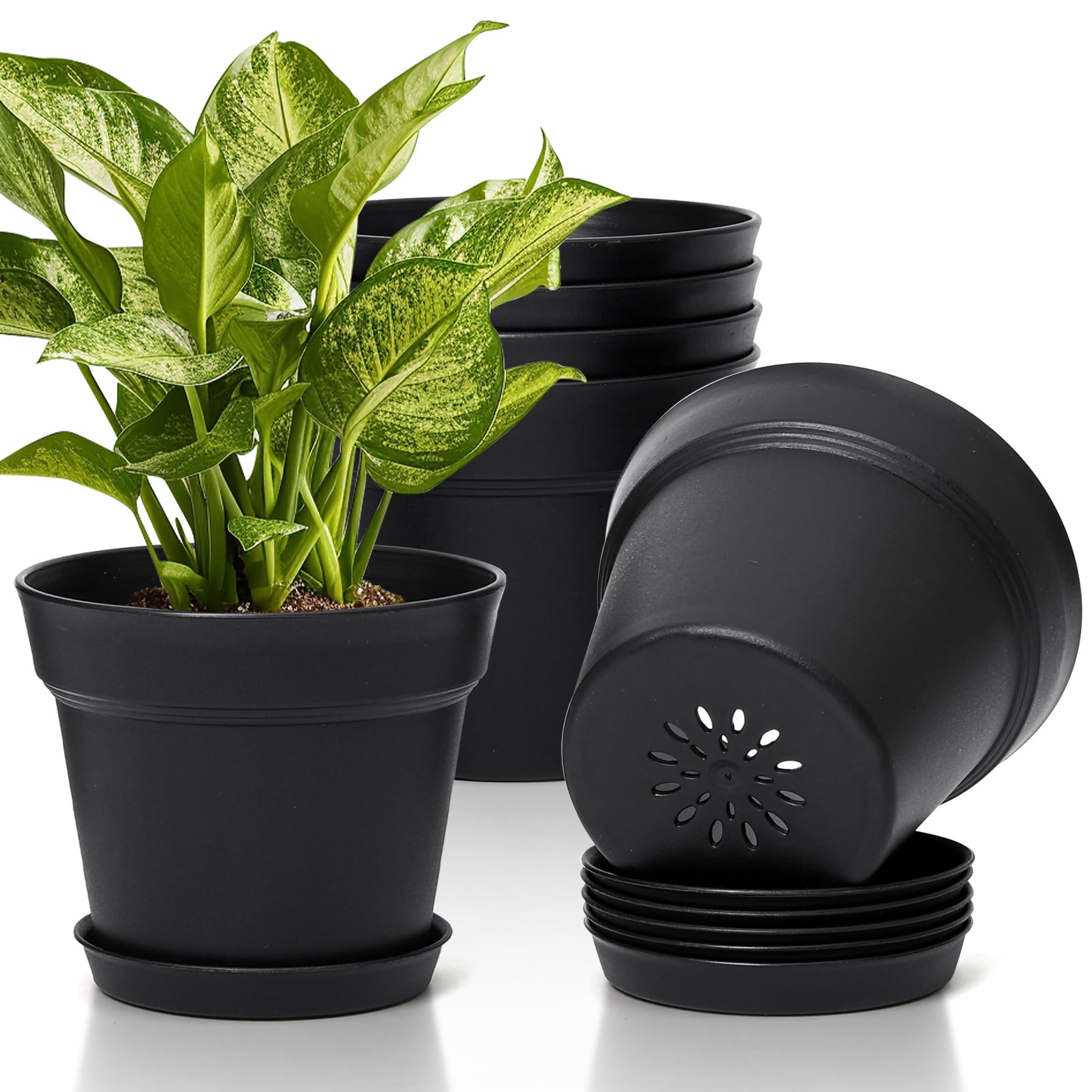T4U 7.5 inch black flower pot front view with drainage holes
