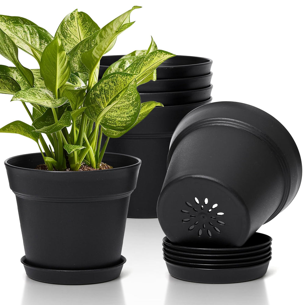 T4U 7.5 inch black flower pot front view with drainage holes