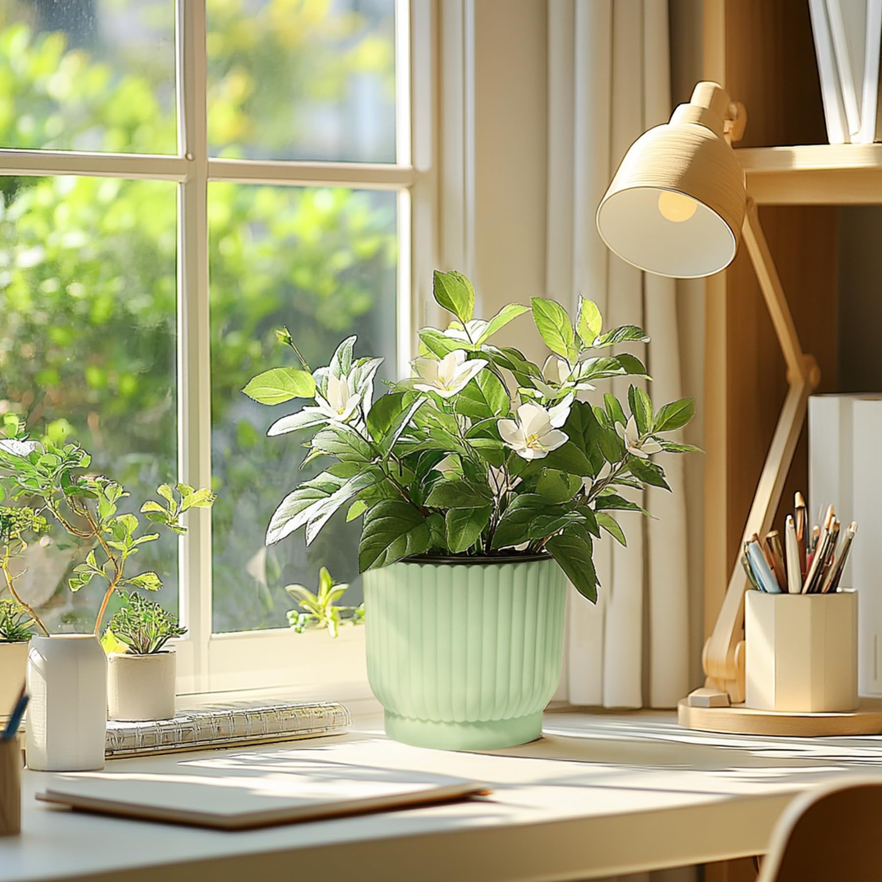 T4U Self Watering Pot surrounded by various indoor plants