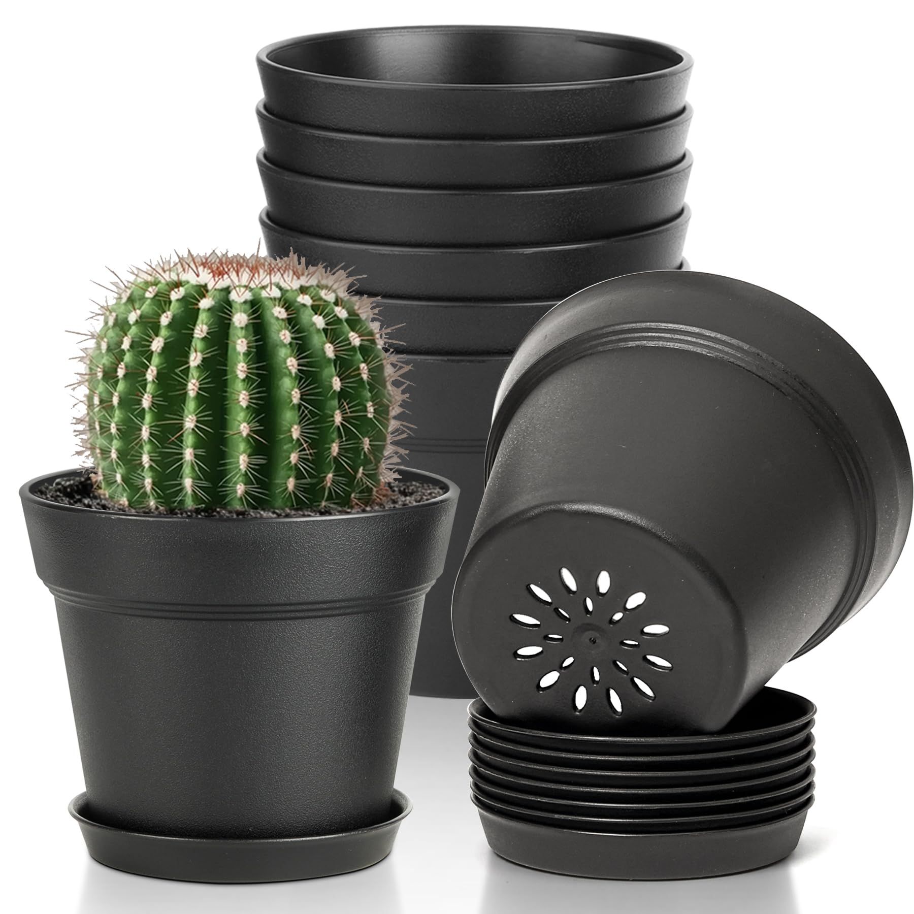 T4U Small Plant Pots 4 Inch black with saucers front view