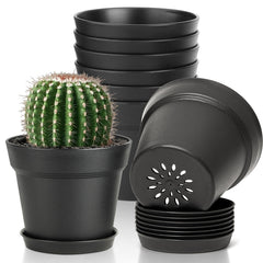 T4U Small Plant Pots 4 Inch black with saucers front view