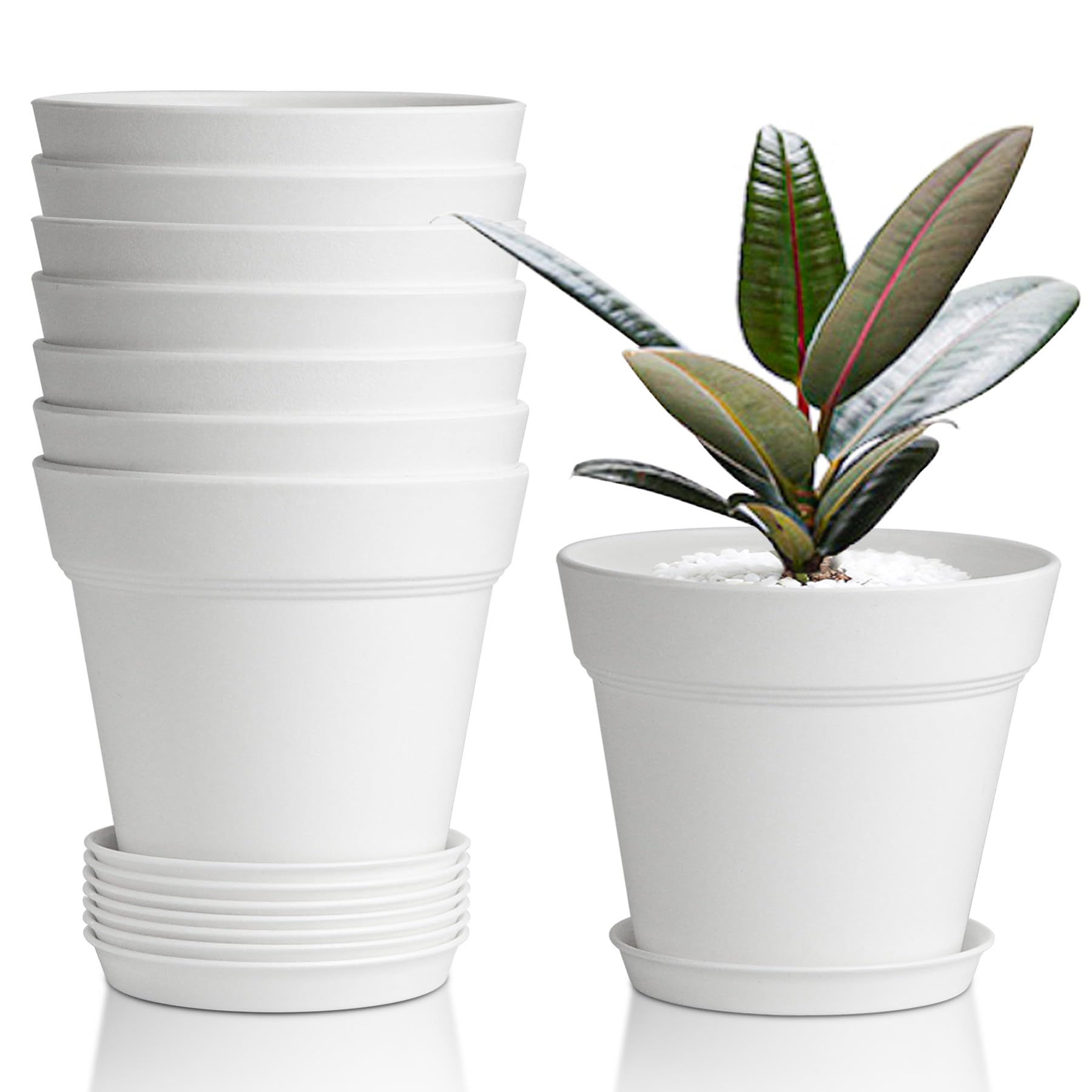 T4U Small Plant Pots 4 Inch white with saucers front view