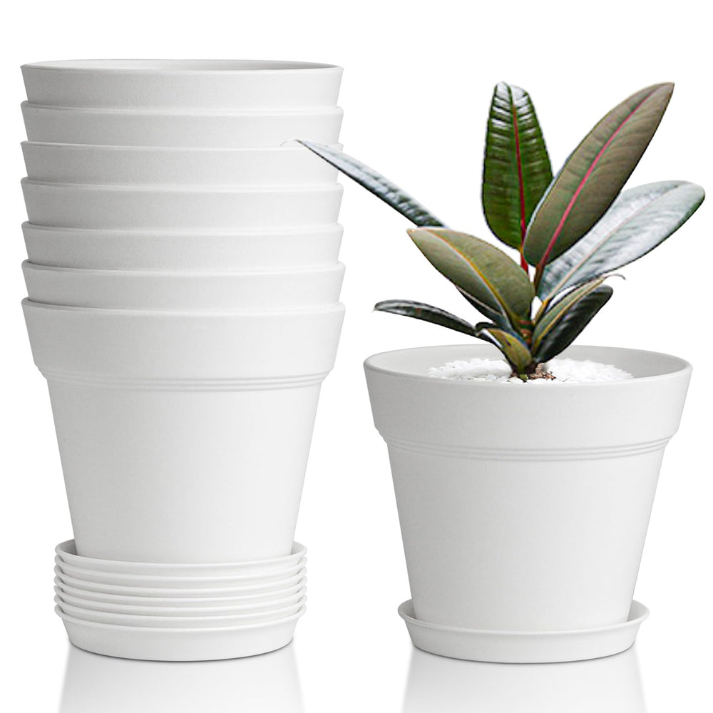 T4U Small Plant Pots 4 Inch white with saucers front view