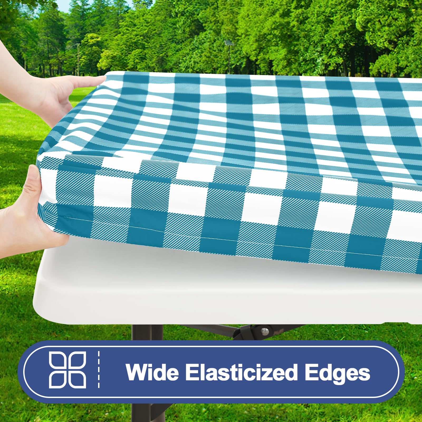 Table cover and bench covers setup for picnic on outdoor table
