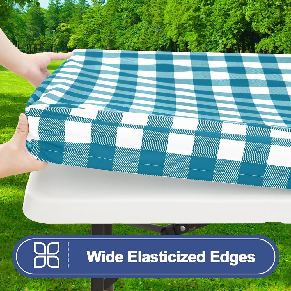 Table cover and bench covers setup for picnic on outdoor table