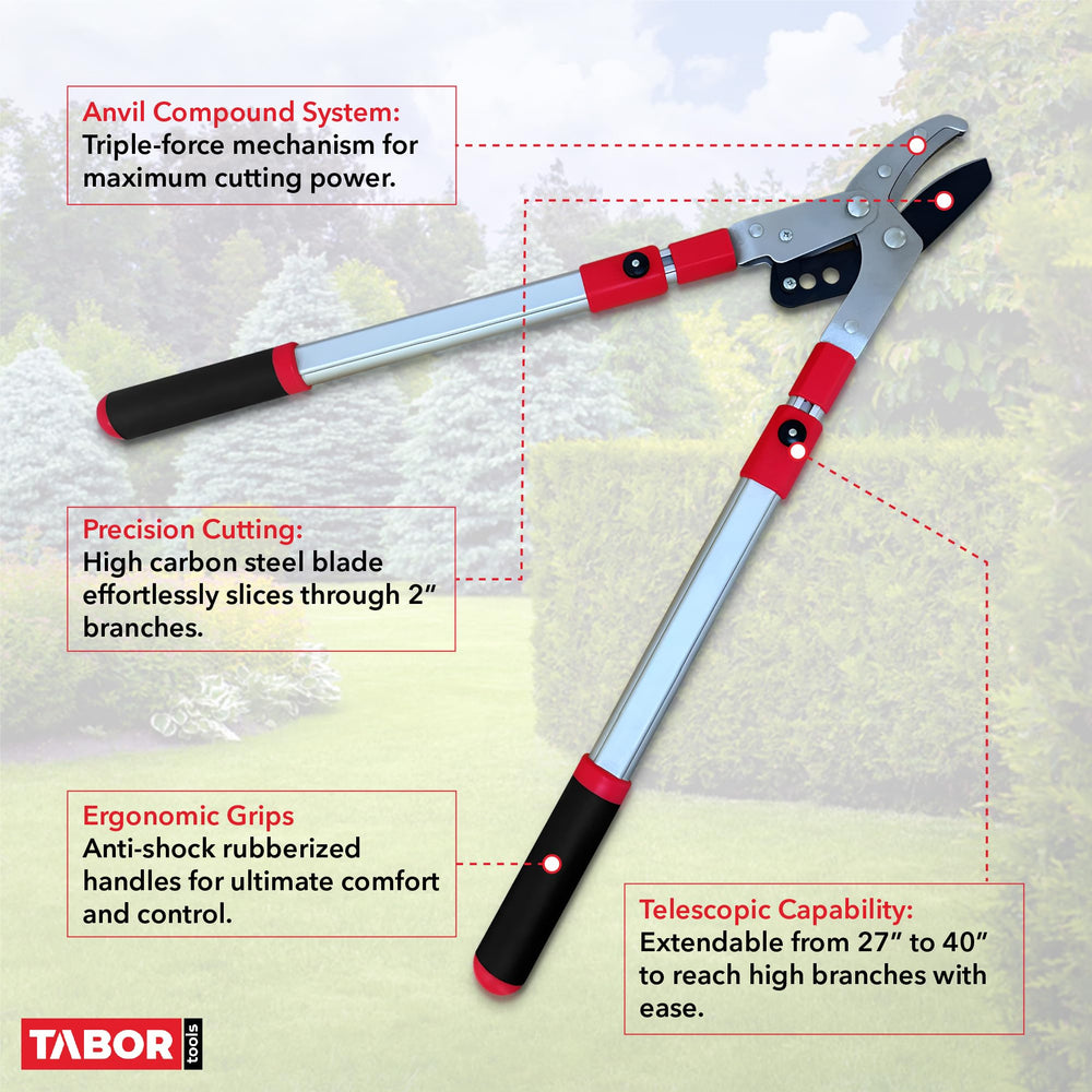 TABOR TOOLS Extendable Anvil Lopper displayed with package dimensions