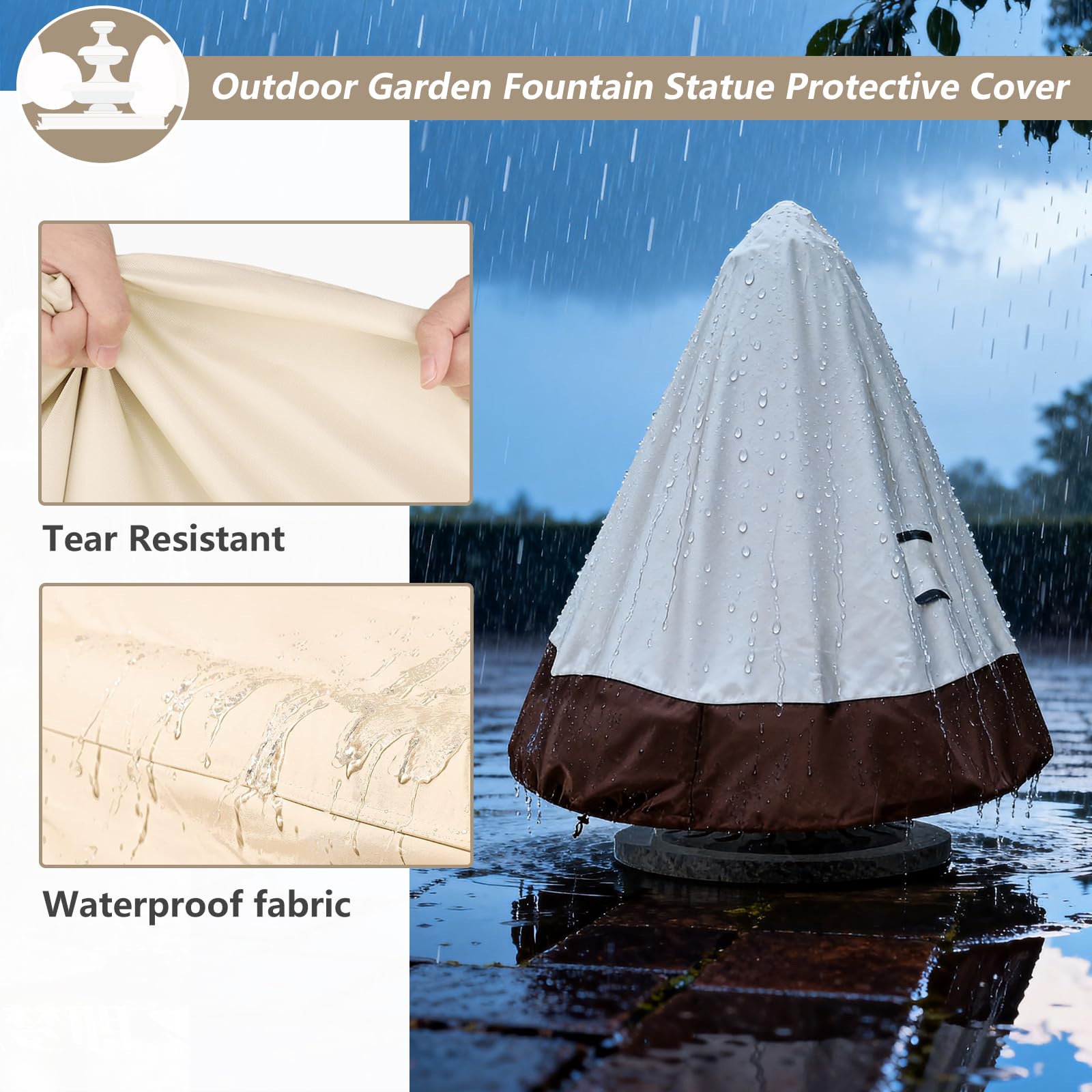TACOMA Fountain Cover secured with drawstring on a windy day