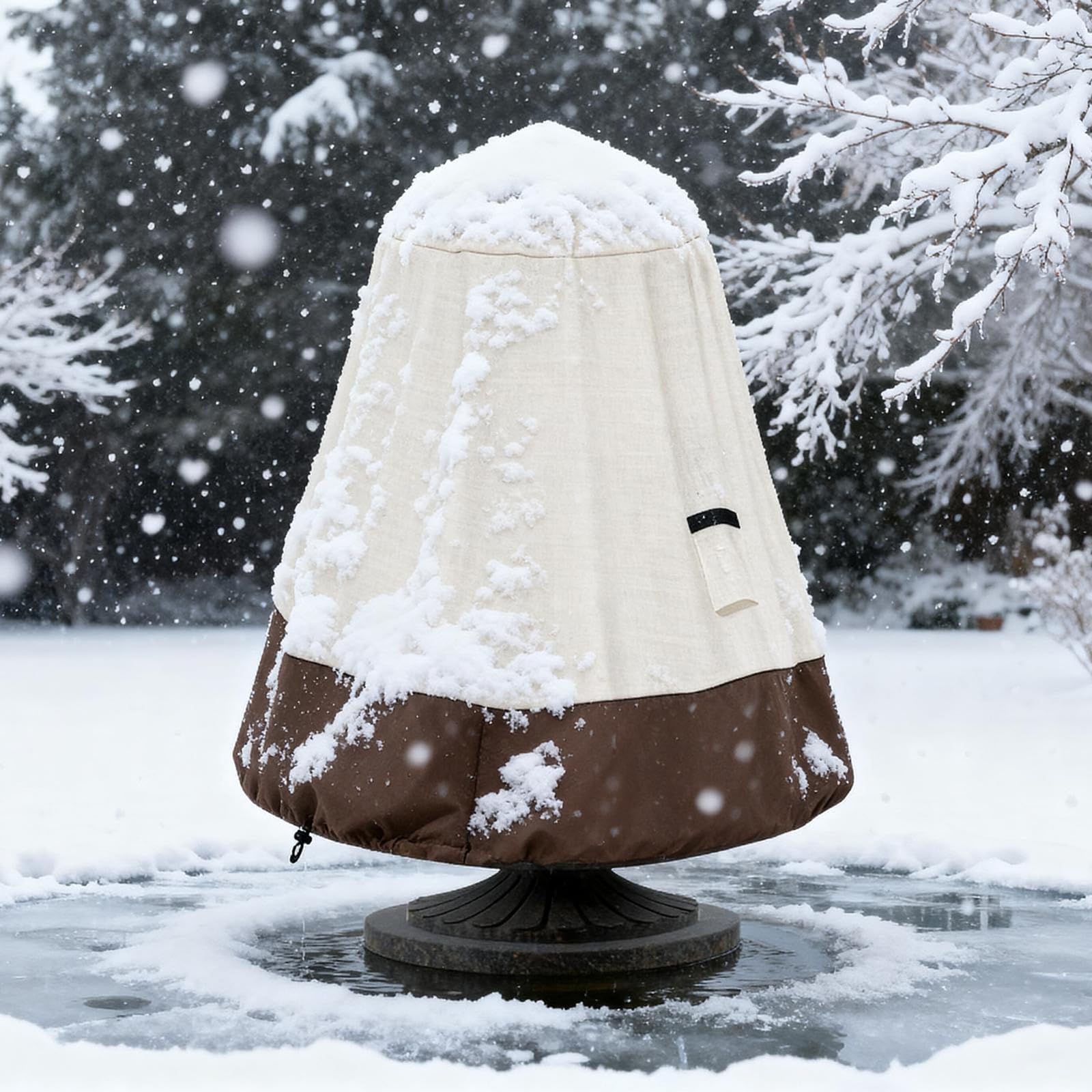 TACOMA Fountain Cover showing adjustable drawstring and buckle strap