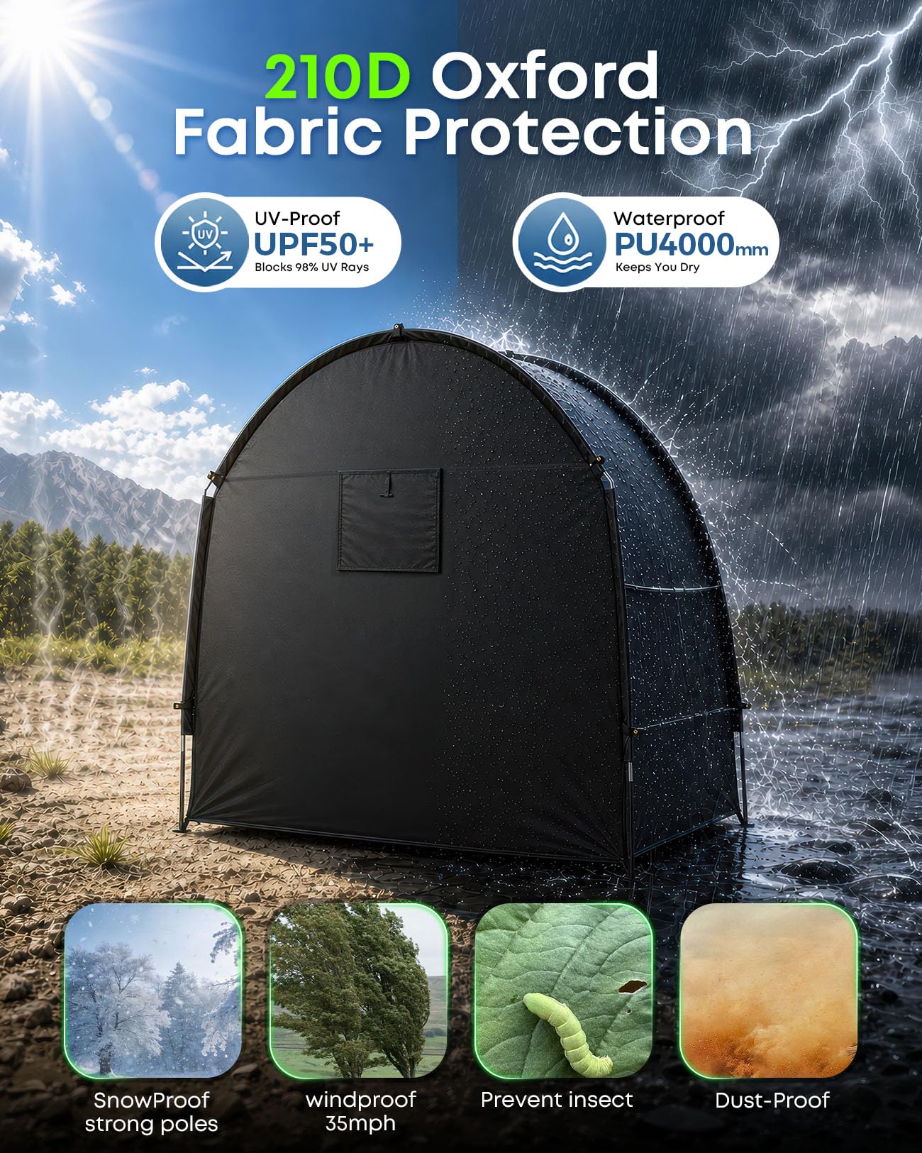 TACXO Bike Storage Shed Tent fully assembled showing dimensions