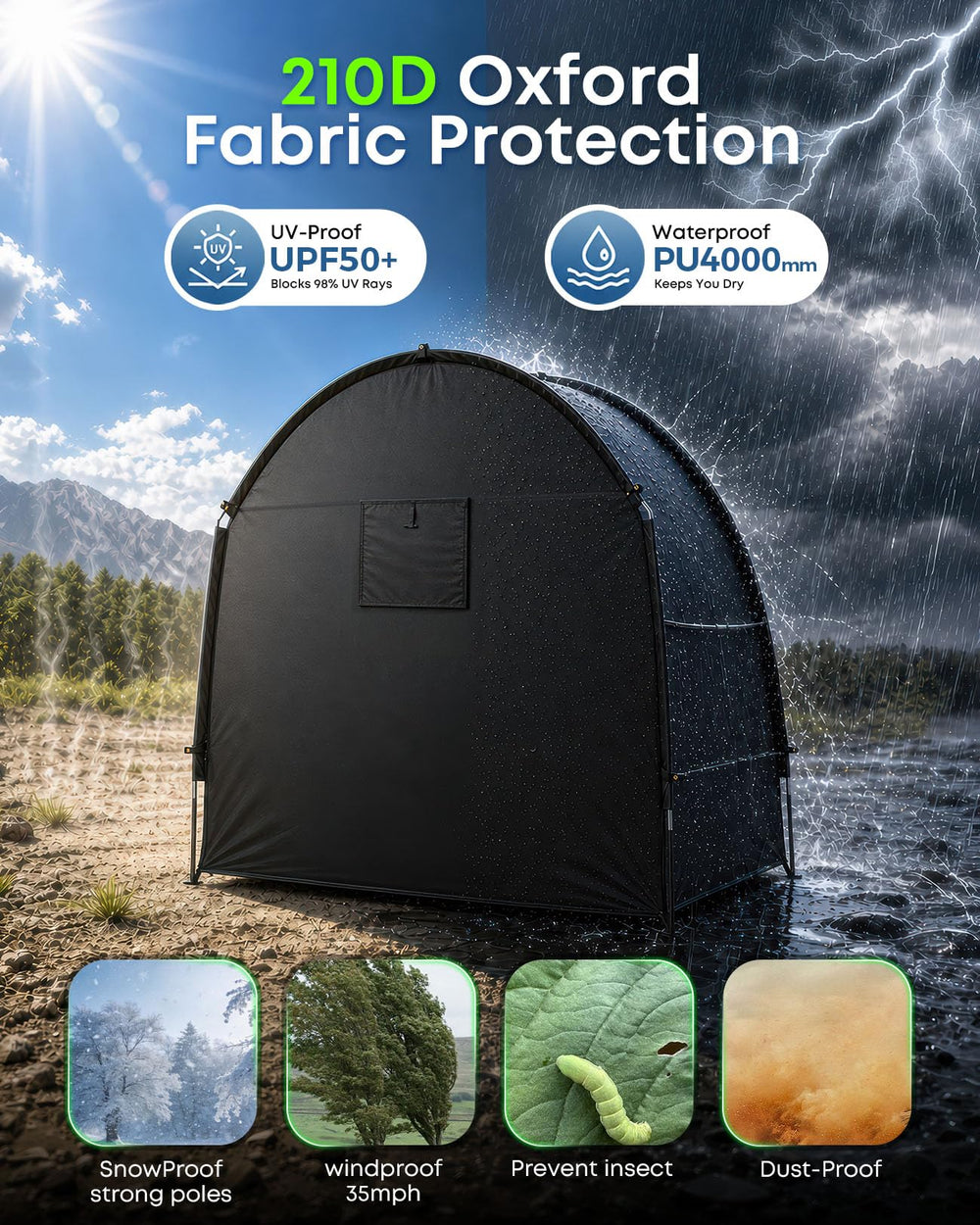 TACXO Bike Storage Shed Tent fully assembled showing dimensions