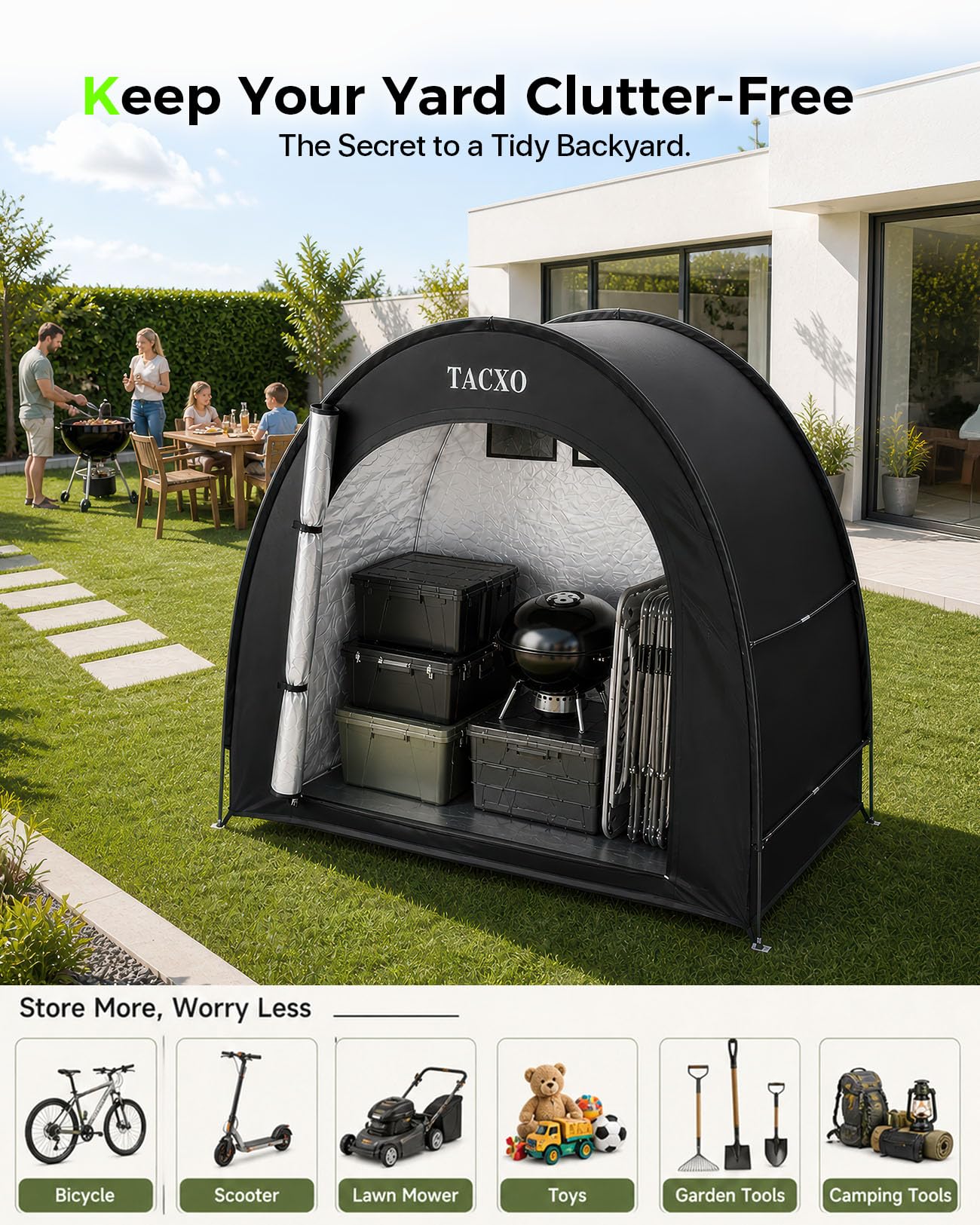 TACXO Bike Storage Shed Tent in a patio setting