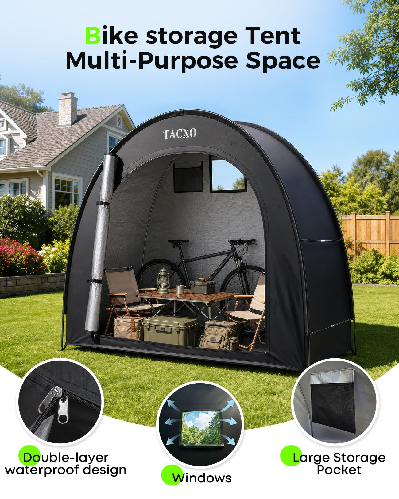 TACXO Bike Storage Shed Tent showcasing waterproof feature