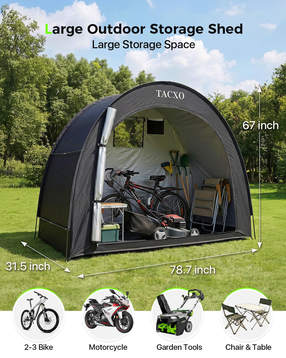 TACXO Bike Storage Shed Tent side view with bike inside