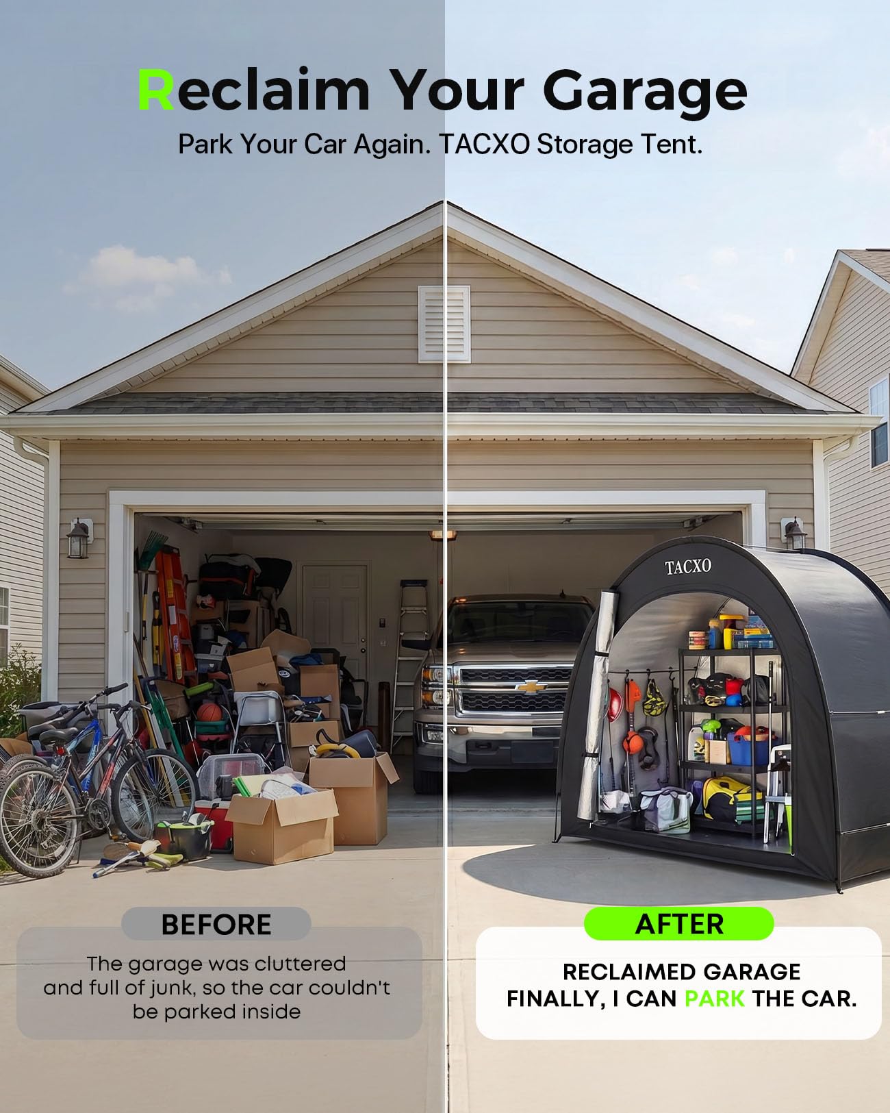 TACXO Bike Storage Shed Tent with garden tools inside