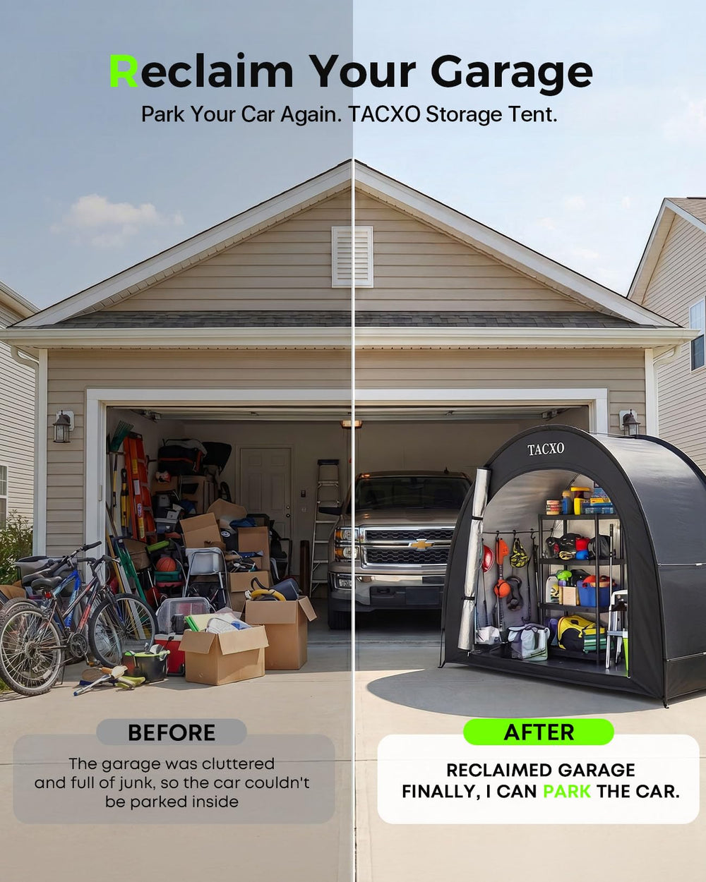 TACXO Bike Storage Shed Tent with garden tools inside