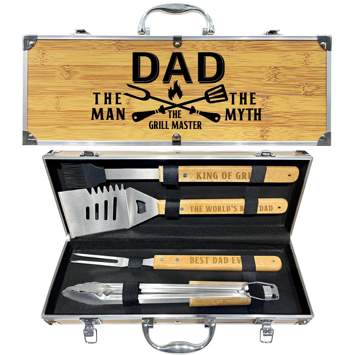 Taesun BBQ Tool Set with spatula, fork, tongs, and brush in carrying case