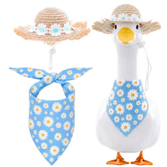 TAKEALOOKO blue daisy goose outfit front view with straw hat and bib