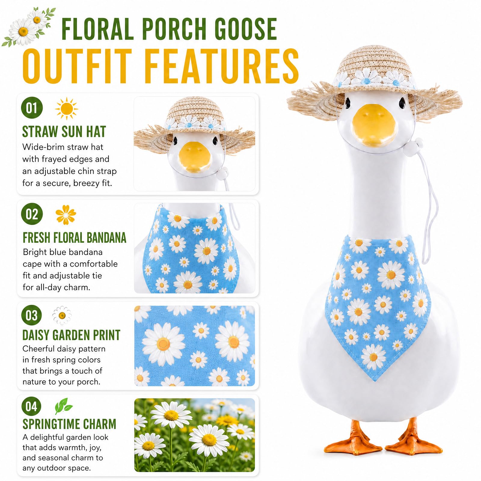 TAKEALOOKO goose outfit displayed in a garden setting