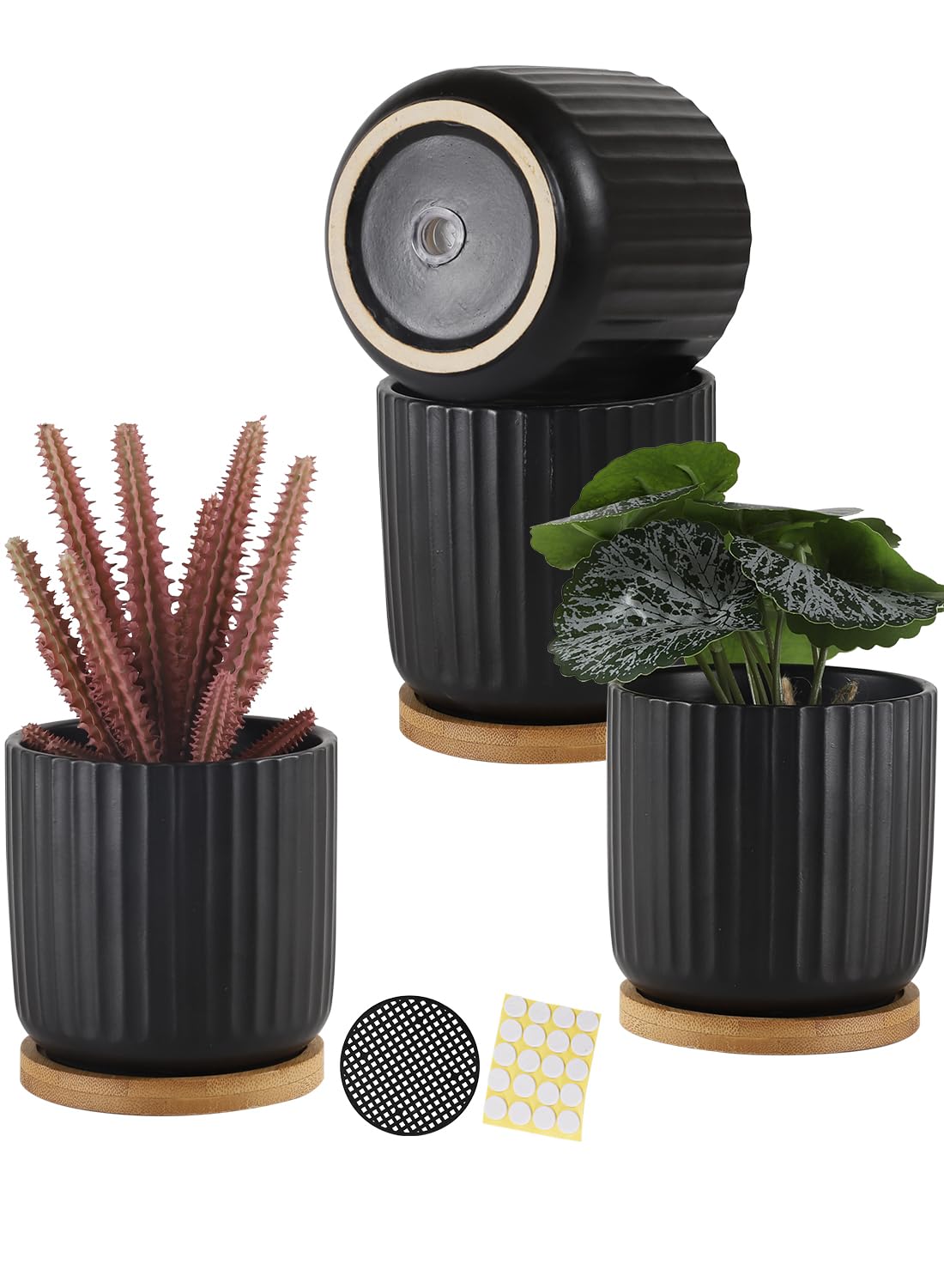 TAMAYKIM 4-inch black ceramic plant pot front view