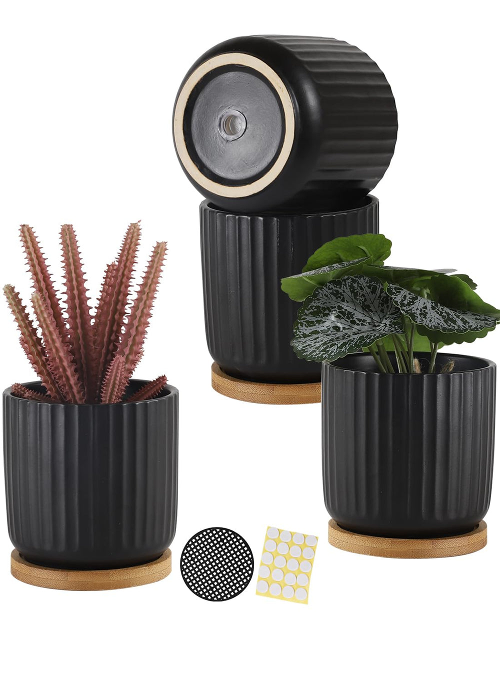 TAMAYKIM 4-inch black ceramic plant pot front view