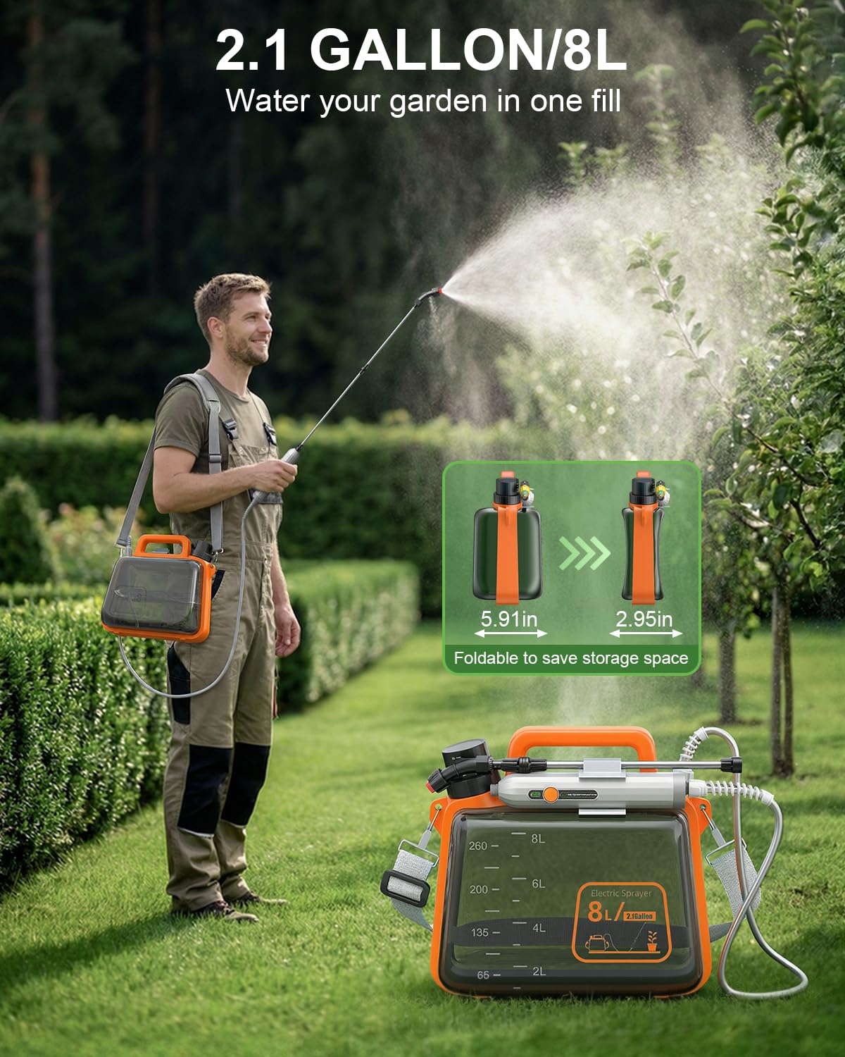 Tarden 2 Gallon Electric Garden Sprayer showing translucent tank and measuring scale