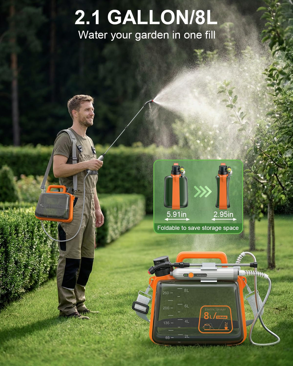 Tarden 2 Gallon Electric Garden Sprayer showing translucent tank and measuring scale