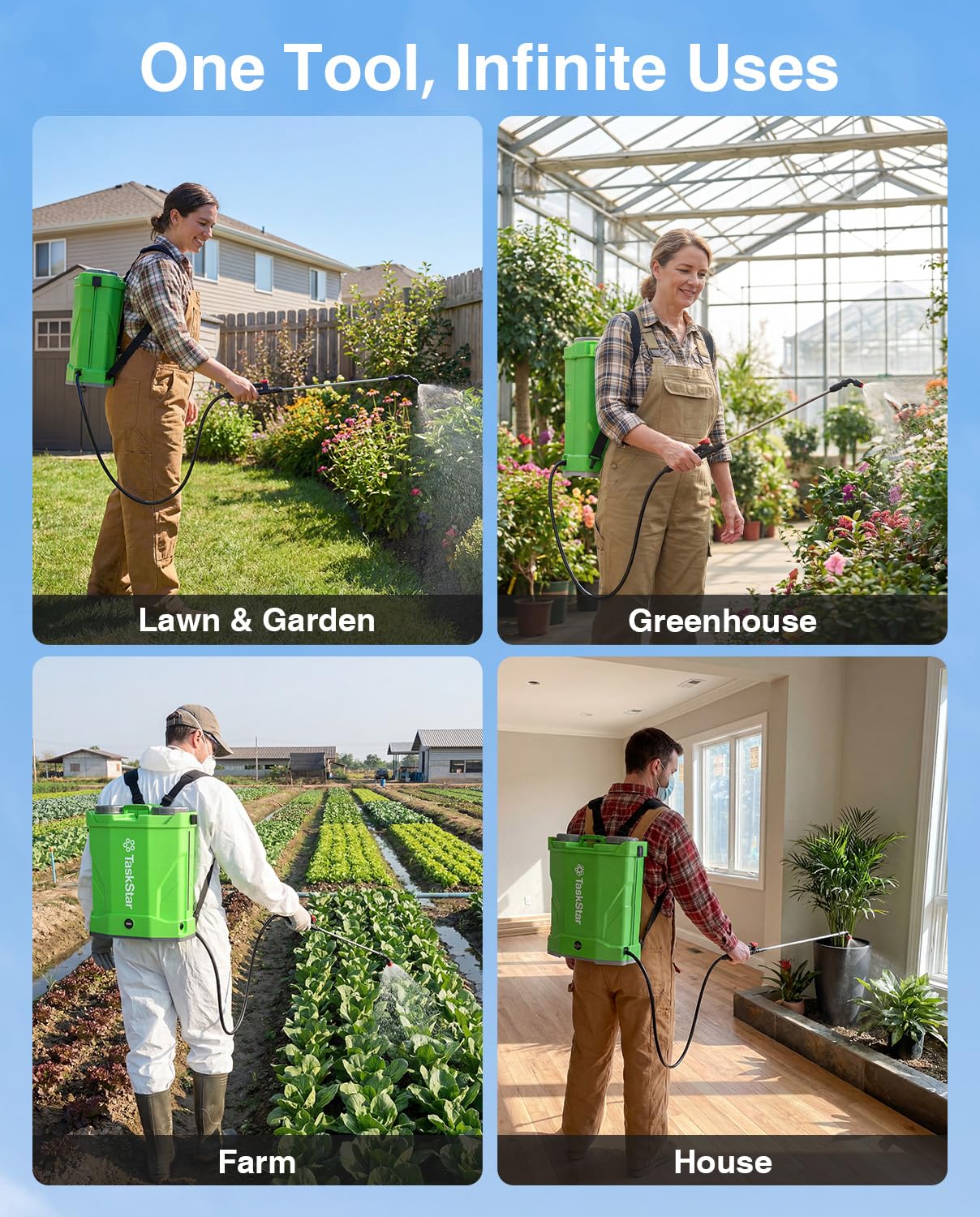 TaskStar Battery Powered Backpack Sprayer with various nozzle types
