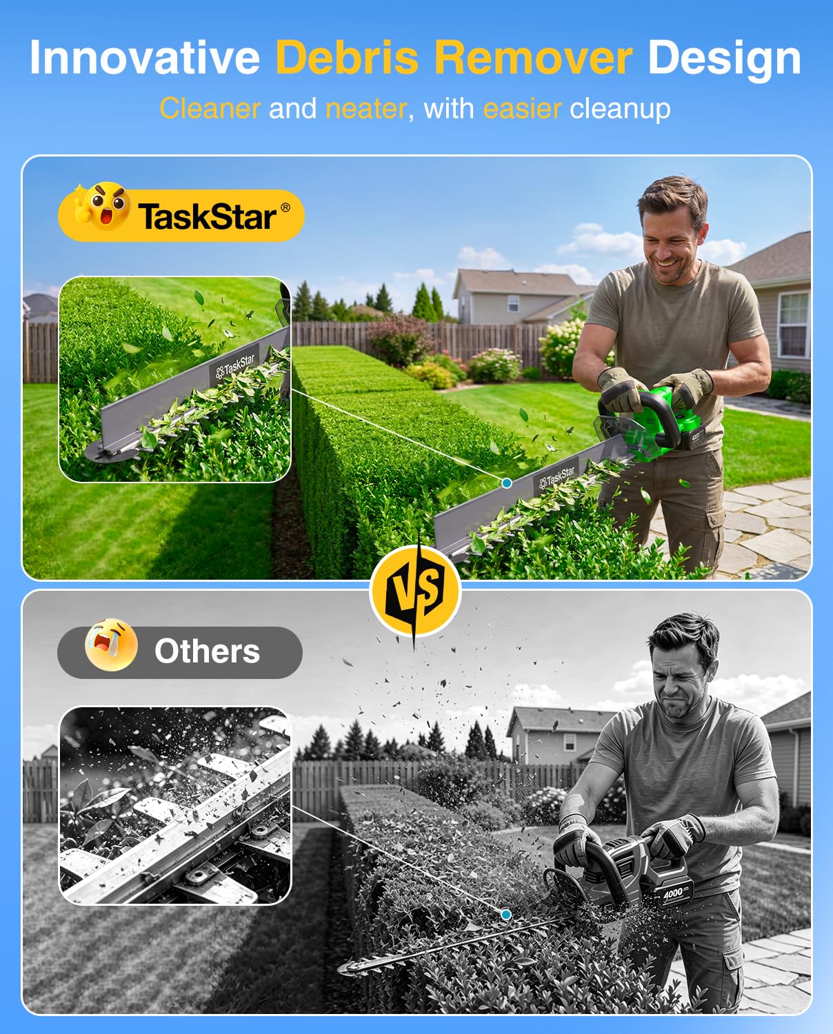 TaskStar hedge trimmer showing dual-action SK5 steel blades