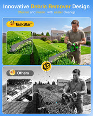 TaskStar hedge trimmer showing dual-action SK5 steel blades