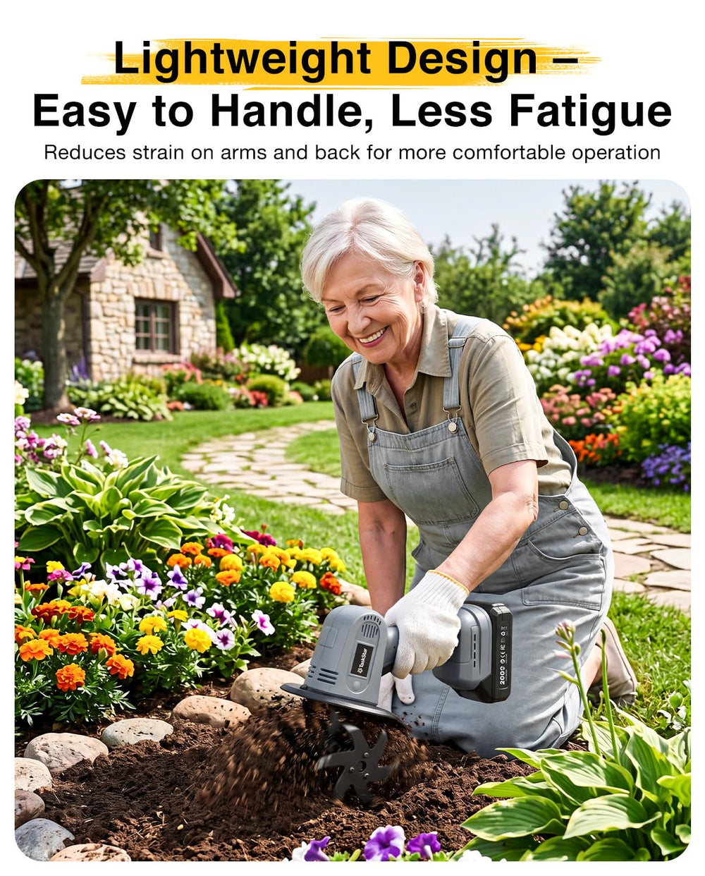 TaskStar Mini Cordless Tiller and batteries on a garden table