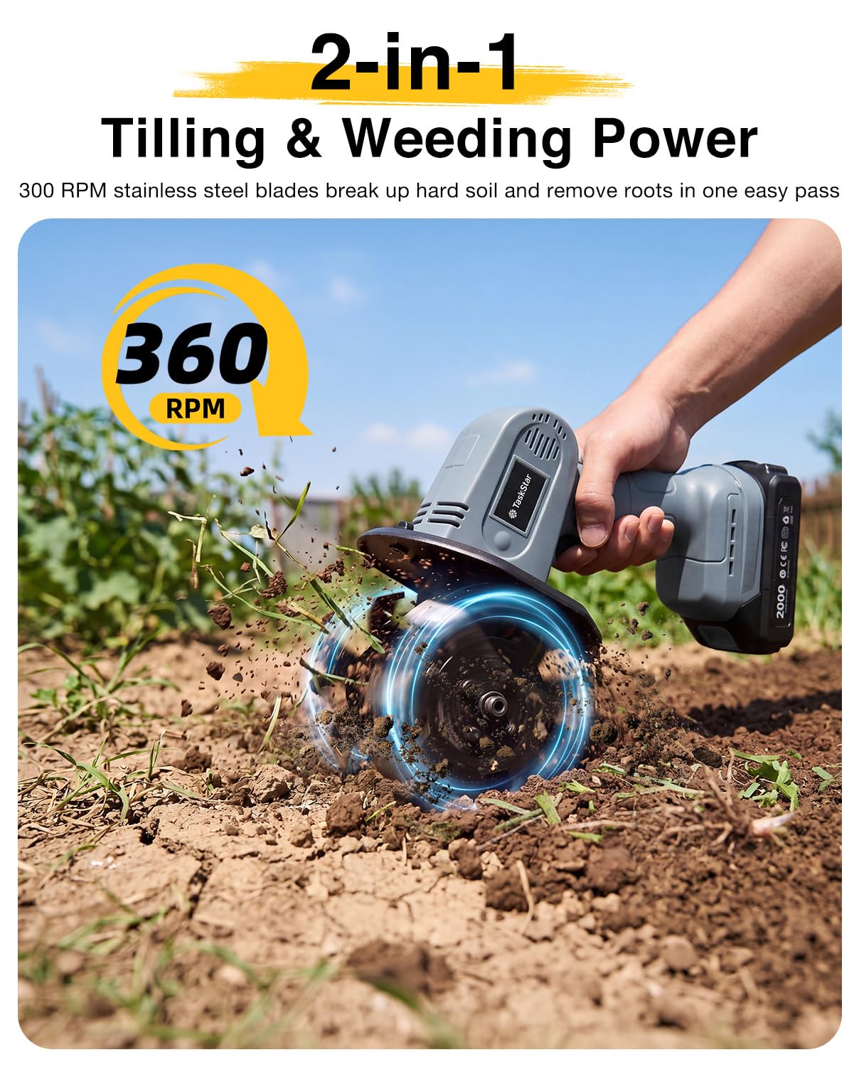 TaskStar Mini Cordless Tiller in action within a flower bed