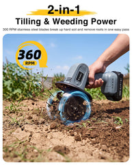 TaskStar Mini Cordless Tiller in action within a flower bed